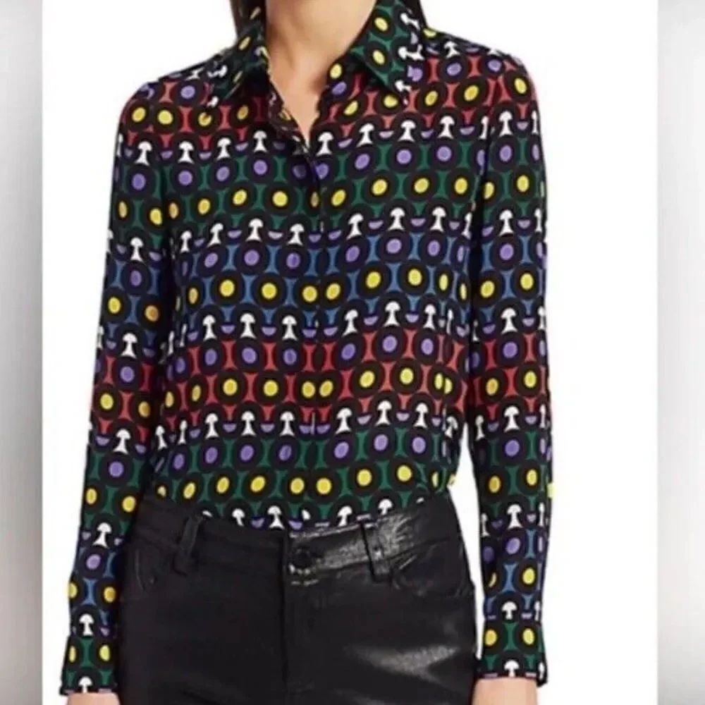 Alice + Olivia Willa Color Placket Silk Blouse Rainbow Dot Women's Small